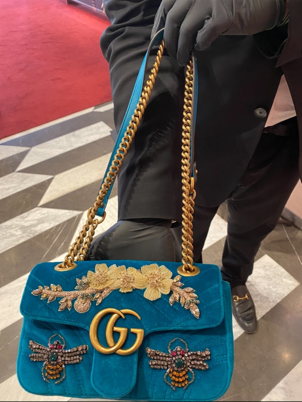 Gucci Teal Velvet GG Marmont Embroidered Floral Shoulder Bag - Picture 5 of 11